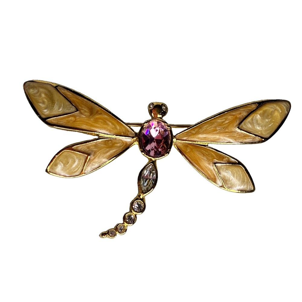 Vintage KJL for Avon Dragonfly Brooch Pink Rhinestone Enamel Gold Tone Pin